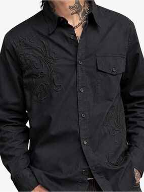 Vintage Toxic Hazard Y2K Punk Embroidered Cotton Button Down Black Size Large